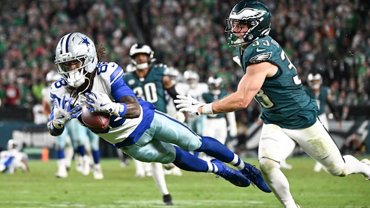 Sep 4, 2025; Philadelphia, Pennsylvania, USA; Dallas Cowboys wide receiver CeeDee Lamb (88) is unable to make a reception defended by Philadelphia Eagles cornerback Cooper DeJean (33) during the fourth quarter of the game at Lincoln Financial Field. Mandatory Credit: Eric Hartline-Imagn Images
