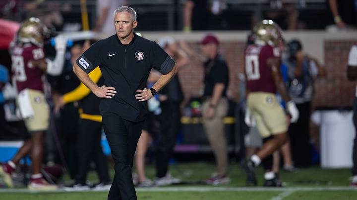 Florida State Seminoles head coach Mike Norvell coaches his players as they warm up after the game was delayed due to a power outage. The SMU Mustangs lead the Florida State Seminoles 17-10 at the end of the first half Monday, Sept. 7, 2026. Florida State Seminoles head coach Mike Norvell coaches his players as they warm up after the game was delayed due to a power outage. The SMU Mustangs lead the Florida State Seminoles 17-10 at the end of the first half Monday, Sept. 7, 2026.