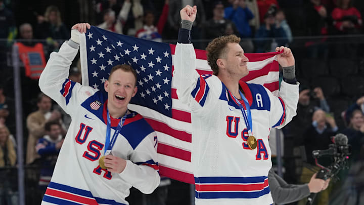 Team USA’s men’s hockey team celebrated their gold medal win.