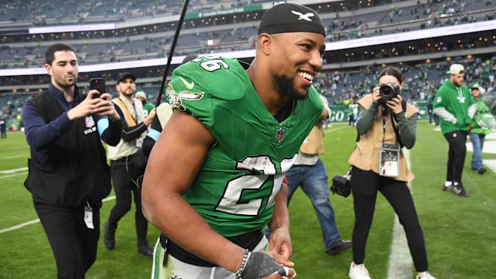 Dec 29, 2024; Philadelphia, Pennsylvania, USA; Philadelphia Eagles running back Saquon Barkley (26) runs off the field after win against the Dallas Cowboys at Lincoln Financial Field.  