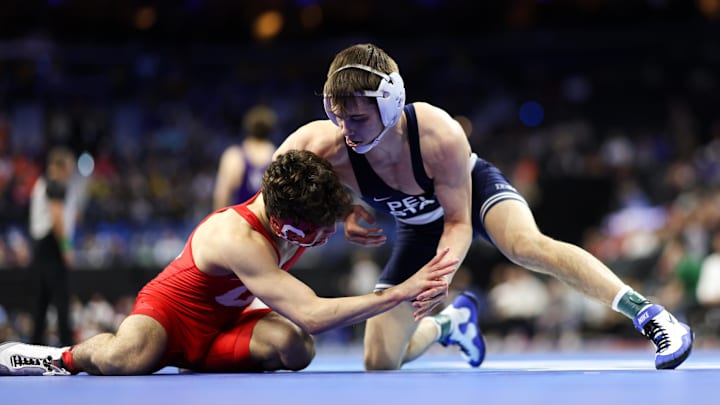 Penn State's Luke Lilledahl wrestles Marcello Milani of Cornell during the first round of the NCAA Wrestling championships at Wells Fargo Center. 