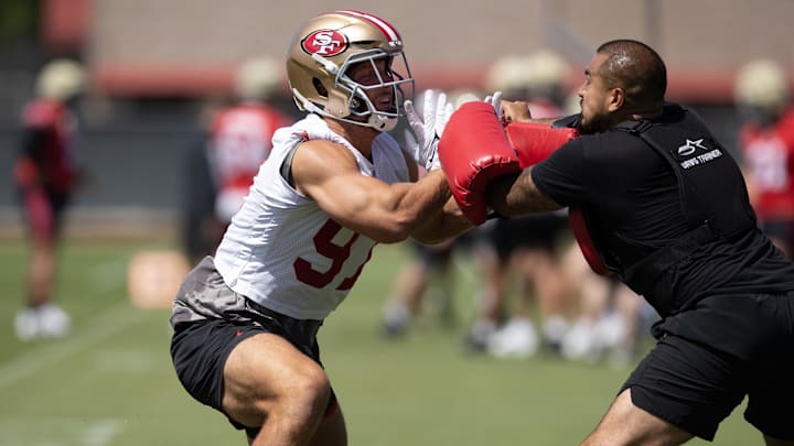 Jun 11, 2025; Santa Clara, CA, USA; San Francisco 49ers defensive end Nick Bosa (97) participates in a pass rush drill during a team OTA at Levi's Stadium. Mandatory Credit: D. Ross Cameron-Imagn Images