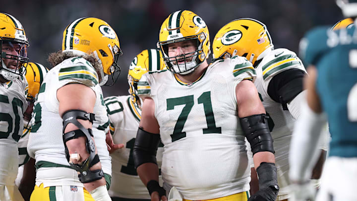 Jan 12, 2025; Philadelphia, Pennsylvania, USA; Green Bay Packers center Josh Myers (71) in a game against the Philadelphia Eagles in an NFC wild card game at Lincoln Financial Field. Mandatory Credit: Bill Streicher-Imagn Images