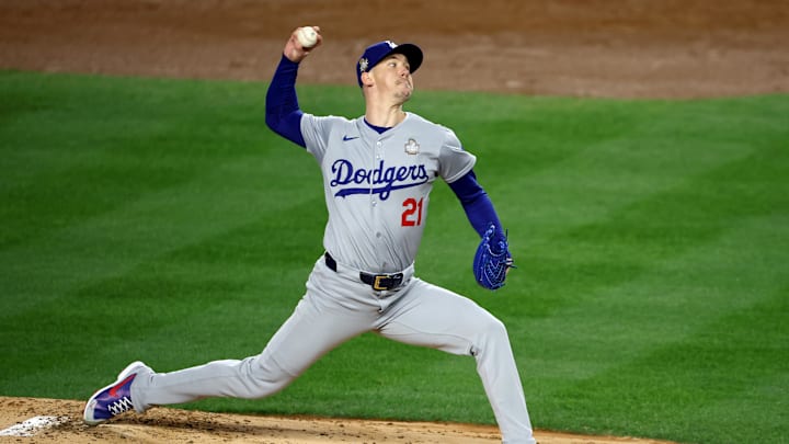 Oct 28, 2024; New York, New York, USA; Los Angeles Dodgers pitcher Walker Buehler (21) throws during the first inning in game three of the 2024 MLB World Series against the New York Yankees at Yankee Stadium. Mandatory Credit: Vincent Carchietta-Imagn Images Oct 28, 2024; New York, New York, USA; Los Angeles Dodgers pitcher Walker Buehler (21) throws during the first inning in game three of the 2024 MLB World Series against the New York Yankees at Yankee Stadium. Mandatory Credit: Vincent Carchietta-Imagn Images