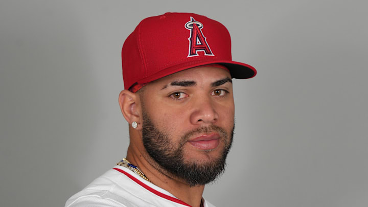 Los Angeles Angels third base Yoan Moncada (5) poses during photo day on Feb. 19.
