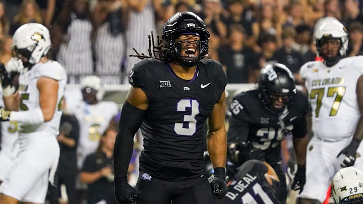 Oct 4, 2025; Fort Worth, Texas, USA; TCU Horned Frogs linebacker Kaleb Elarms-Orr (3) reacts after a defensive play against the Colorado Buffaloes during the second half at Amon G. Carter Stadium. Mandatory Credit: Raymond Carlin III-Imagn Images