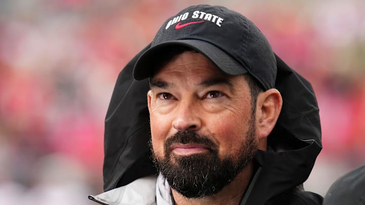 Ohio State Buckeyes head coach Ryan Day prepares for a tv interview during the Ohio State football spring game at Ohio Stadium in Columbus on April 18, 2026.