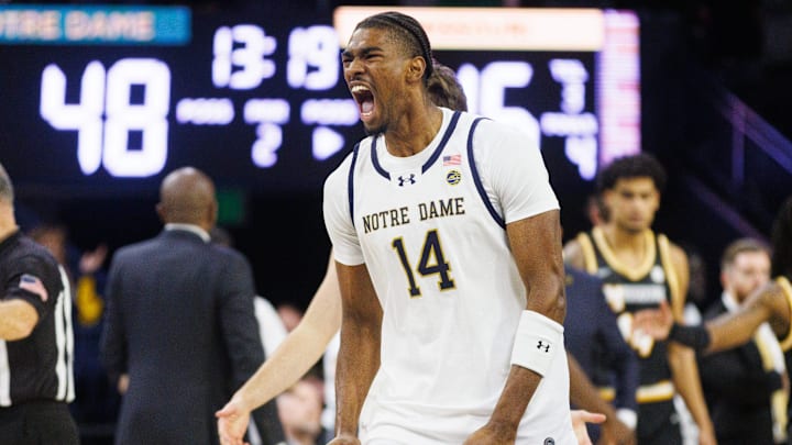 Notre Dame forward Kebba Njie celebrates going into a timeout during a NCAA men's basketball game against Missouri at Purcell Pavilion on Tuesday, Dec. 2, 2025, in South Bend.