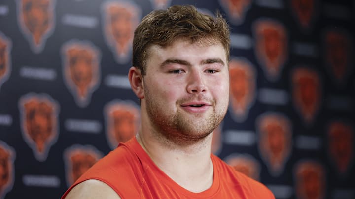 May 9, 2025; Lake Forest, IL, USA; Chicago Bears offensive line Ozzy Trapilo speaks during the Rookie Minicamp at Halas Hall. Mandatory Credit: Kamil Krzaczynski-Imagn Images May 9, 2025; Lake Forest, IL, USA; Chicago Bears offensive line Ozzy Trapilo speaks during the Rookie Minicamp at Halas Hall. Mandatory Credit: Kamil Krzaczynski-Imagn Images