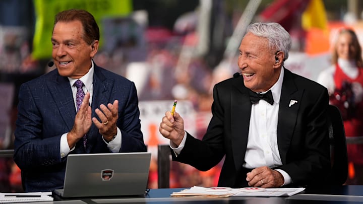 Nick Saban, left, and Lee Corso talk on the set of ESPN College GameDay prior to the NCAA football game between the Ohio State Buckeyes and the Texas Longhorns at Ohio Stadium on Aug. 30, 2025.