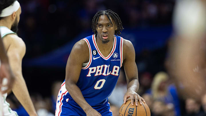 Apr 4, 2023; Philadelphia, Pennsylvania, USA; Philadelphia 76ers guard Tyrese Maxey (0) dribbles the