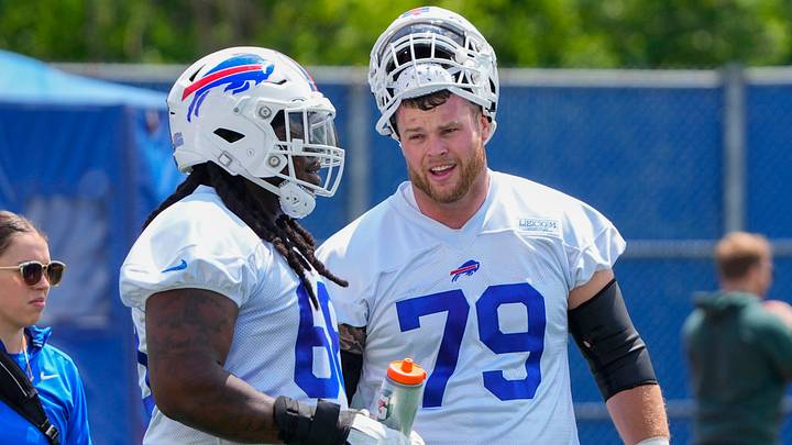 Buffalo Bills offensive tackle Brandon Shell (68) and tackle Spencer Brown (79) take a break during Buffalo Bills Minicamp. Buffalo Bills offensive tackle Brandon Shell (68) and tackle Spencer Brown (79) take a break during Buffalo Bills Minicamp.