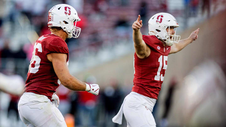 Nov 16, 2024; Stanford, California, USA;  Stanford Cardinal punter Connor Weselman (15) celebrates after the game-winning field goal against the Louisville Cardinals during the fourth quarter at Stanford Stadium. Mandatory Credit: Bob Kupbens-Imagn Images