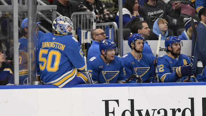 Jan 25, 2025; St. Louis, Missouri, USA; St. Louis Blues goaltender Jordan Binnington (50) looks on from the bench during the third period of a hockey game against the Dallas Stars at Enterprise Center. Mandatory Credit: Jeff Le-Imagn Images