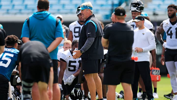 Jacksonville Jaguars head coach Doug Pederson talks to players after the third and final day of offseason activities.
