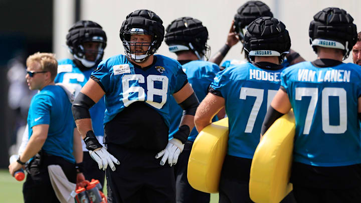 Jacksonville Jaguars guard Brandon Scherff (68) looks on Monday, Aug. 14, 2023 at Miller Electric Center