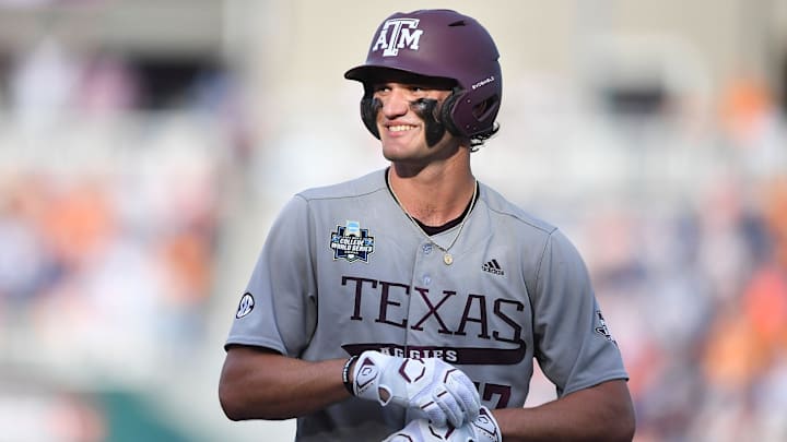 Texas A&M outfielder Jace LaViolette smiles during Game 3 of the NCAA College World Series against Tennessee on June 24 at Charles Schwab Field. Texas A&M outfielder Jace LaViolette smiles during Game 3 of the NCAA College World Series against Tennessee on June 24 at Charles Schwab Field.