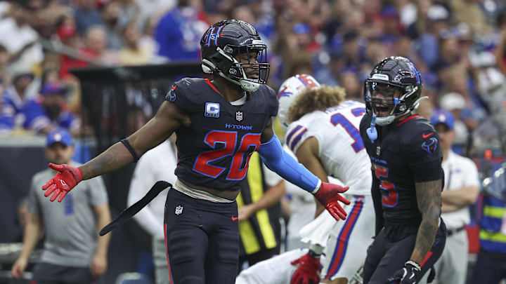 Oct 6, 2024; Houston, Texas, USA; Houston Texans safety Jimmie Ward (20) reacts after making a tackle during the second quarter against the Buffalo Bills at NRG Stadium. Mandatory Credit: Troy Taormina-Imagn Images Oct 6, 2024; Houston, Texas, USA; Houston Texans safety Jimmie Ward (20) reacts after making a tackle during the second quarter against the Buffalo Bills at NRG Stadium. Mandatory Credit: Troy Taormina-Imagn Images