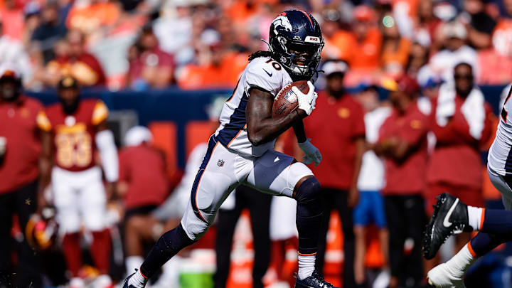 Sep 17, 2023; Denver, Colorado, USA; Denver Broncos wide receiver Jerry Jeudy (10) runs the ball
