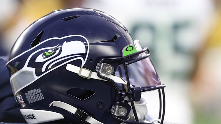 Aug 13, 2022; Pittsburgh, Pennsylvania, USA;  Seattle Seahawks helmet on the sidelines against the Pittsburgh Steelers during the second quarter at Acrisure Stadium. Mandatory Credit: Charles LeClaire-Imagn Images