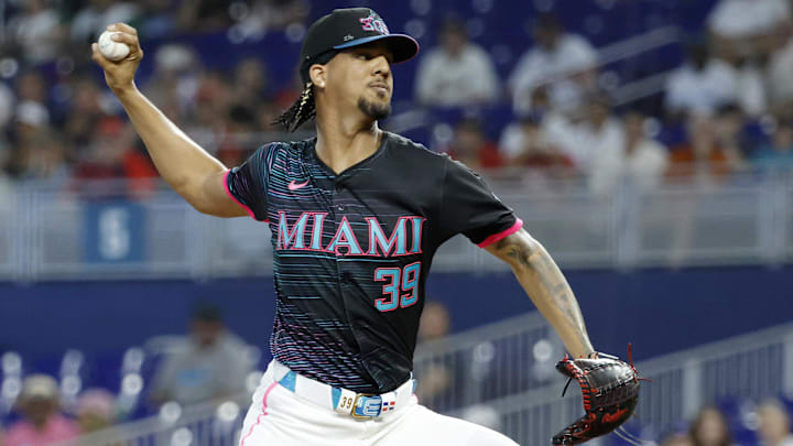 Jun 21, 2025; Miami, Florida, USA;  Miami Marlins starting pitcher Eury Perez (39) pitches against the Atlanta Braves during the first inning at loanDepot Park.