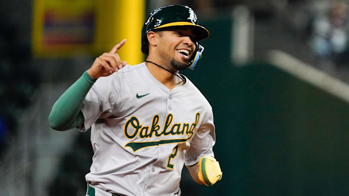 Apr 9, 2024; Arlington, Texas, USA; Oakland Athletics shortstop Darell Hernaiz (2) circles the bases during the ninth inning against the Texas Rangers at Globe Life Field. Mandatory Credit: Raymond Carlin III-Imagn Images Apr 9, 2024; Arlington, Texas, USA; Oakland Athletics shortstop Darell Hernaiz (2) circles the bases during the ninth inning against the Texas Rangers at Globe Life Field. Mandatory Credit: Raymond Carlin III-Imagn Images