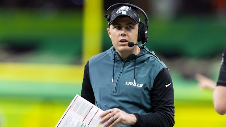 Feb 9, 2025; New Orleans, LA, USA;  Philadelphia Eagles offensive coordinator Kellen Moore against the Kansas City Chiefs during Super Bowl LIX at Ceasars Superdome. Mandatory Credit: Mark J. Rebilas-Imagn Images
