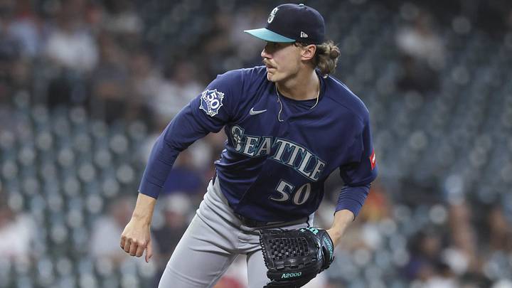 May 13, 2026; Houston, Texas, USA; Seattle Mariners starting pitcher Bryce Miller (50) delivers a pitch during the first inning against the Houston Astros at Daikin Park. Mandatory Credit: Troy Taormina-Imagn Images