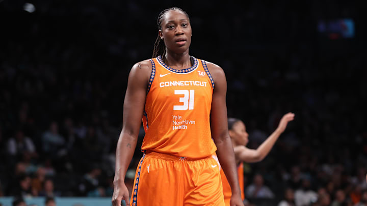May 9, 2025; Brooklyn, NY, USA;  Connecticut Sun center Tina Charles (31) at Barclays Center. Mandatory Credit: Wendell Cruz-Imagn Images