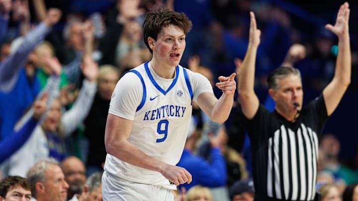Feb 11, 2025; Lexington, Kentucky, USA; Kentucky Wildcats forward Trent Noah (9) reacts after making a three point basket during the first half against the Tennessee Volunteers at Rupp Arena at Central Bank Center. Mandatory Credit: Jordan Prather-Imagn Images Feb 11, 2025; Lexington, Kentucky, USA; Kentucky Wildcats forward Trent Noah (9) reacts after making a three point basket during the first half against the Tennessee Volunteers at Rupp Arena at Central Bank Center. Mandatory Credit: Jordan Prather-Imagn Images