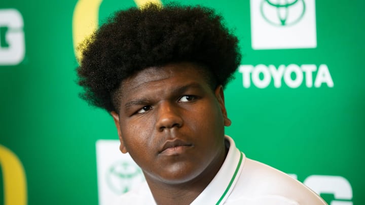 Oregon offensive lineman Josh Conerly Jr. speaks during Oregon football’s media day Monday, July 29, 2024 at Autzen Stadium in Eugene, Ore.