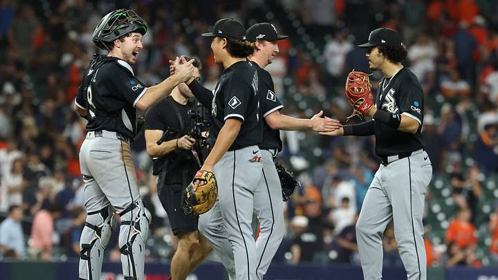 Sep 30, 2026; Houston, Texas, USA;  Chicago White Sox catcher Kyle Teel (8), first baseman Munetaka Murakami (5), pitcher Erick Fedde (47) and third baseman Miguel Vargas (20) celebrate after a win against the Houston Astros in game two of the Wildcard round for the 2026 MLB Playoffs at Daikin Park.  Mandatory Credit: Troy Taormina-Imagn Images