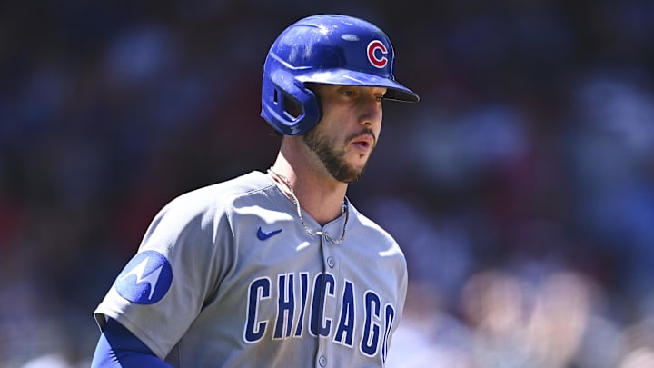 Aug 24, 2025; Anaheim, California, USA; Chicago Cubs outfielder Kyle Tucker (30) walks against the Los Angeles Angels during the fifth inning at Angel Stadium. Mandatory Credit: Jonathan Hui-Imagn Images