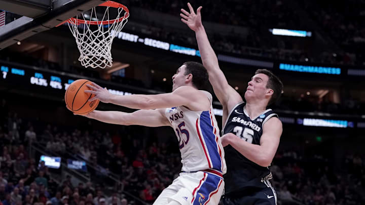 Mar 21, 2024; Salt Lake City, UT, USA; Kansas Jayhawks guard Nicolas Timberlake (25) shoots