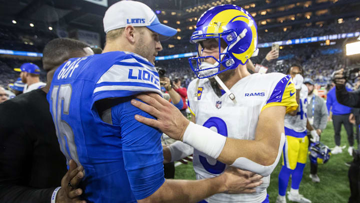 Jan 14, 2024; Detroit, Michigan, USA; Detroit Lions quarterback Jared Goff (16) and Los Angeles Rams
