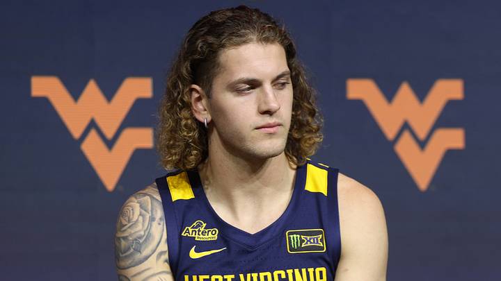 Oct 21, 2026; Kansas City, MO, USA;  West Virginia player Finley Bizjack is interviewed during the big 12 Media Days at T-Mobile Center.  Mandatory Credit: William Purnell-Imagn Images