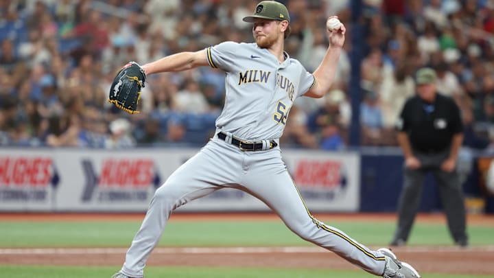 May 20, 2023; St. Petersburg, Florida, USA; Milwaukee Brewers starting pitcher Eric Lauer (52)