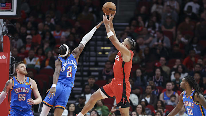 Dec 1, 2024; Houston, Texas, USA; Houston Rockets forward Dillon Brooks (9) shoots the ball as Oklahoma City Thunder guard Shai Gilgeous-Alexander (2) defends during the first quarter at Toyota Center. Mandatory Credit: Troy Taormina-Imagn Images Dec 1, 2024; Houston, Texas, USA; Houston Rockets forward Dillon Brooks (9) shoots the ball as Oklahoma City Thunder guard Shai Gilgeous-Alexander (2) defends during the first quarter at Toyota Center. Mandatory Credit: Troy Taormina-Imagn Images