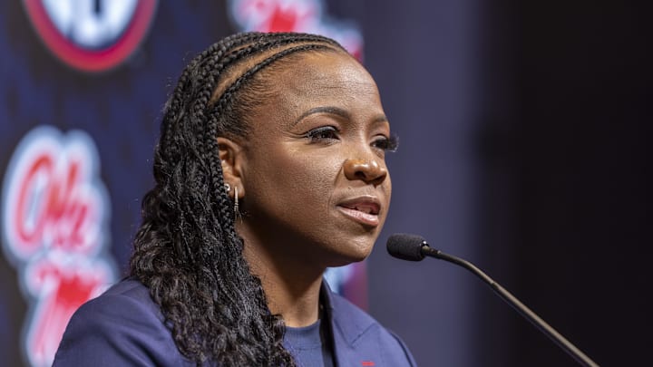 Oct 16, 2024; Birmingham, AL, USA; Ole Miss Rebels head coach Yolett McPhee-McCuin talks with the media during SEC Media Days at Grand Bohemian Hotel. Mandatory Credit: Vasha Hunt-Imagn Images Oct 16, 2024; Birmingham, AL, USA; Ole Miss Rebels head coach Yolett McPhee-McCuin talks with the media during SEC Media Days at Grand Bohemian Hotel. Mandatory Credit: Vasha Hunt-Imagn Images