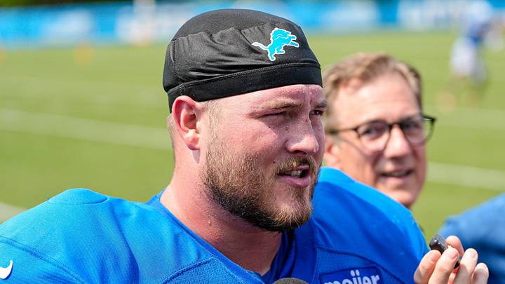 Detroit Lions center Seth McLaughlin (65) speaks to media members after practice during training camp at Meijer Performance Center in Allen Park on Monday, August 10, 2026.