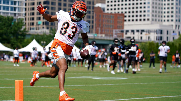 Cincinnati Bengals wide receiver Tyler Boyd (83) scores after a catch and run during NFL training