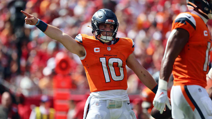 Sep 22, 2024; Tampa, Florida, USA; Denver Broncos quarterback Bo Nix (10) reacts after he gets first down against the Tampa Bay Buccaneers during the second half at Raymond James Stadium. Sep 22, 2024; Tampa, Florida, USA; Denver Broncos quarterback Bo Nix (10) reacts after he gets first down against the Tampa Bay Buccaneers during the second half at Raymond James Stadium.