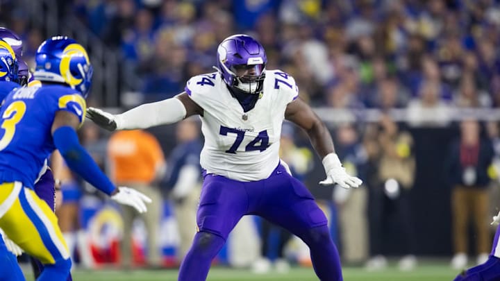 Jan 13, 2025; Glendale, AZ, USA; Minnesota Vikings tackle Cam Robinson (74) against the Los Angeles Rams during an NFC wild card game at State Farm Stadium. Mandatory Credit: Mark J. Rebilas-Imagn Images