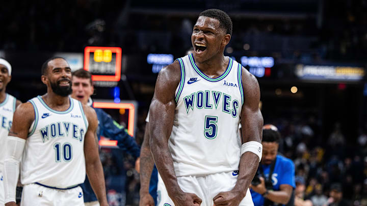 Mar 7, 2024; Indianapolis, Indiana, USA; Minnesota Timberwolves guard Anthony Edwards (5) celebrates