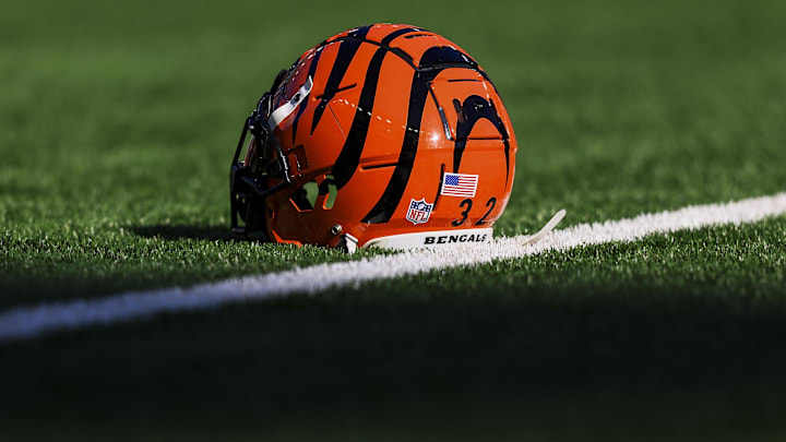 Dec 1, 2024; Cincinnati, Ohio, USA; A general view of the helmet of Cincinnati Bengals running back Trayveon Williams (32) during warmups before the game against the Pittsburgh Steelers at Paycor Stadium. Mandatory Credit: Katie Stratman-Imagn Images
