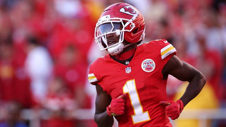 Oct 18, 2026; Kansas City, Missouri, USA;  Kansas City Chiefs wide receiver Xavier Worthy (1) looks on during the second quarter against the Los Angeles Chargers at GEHA Field at Arrowhead Stadium.  Mandatory Credit: William Purnell-Imagn Images