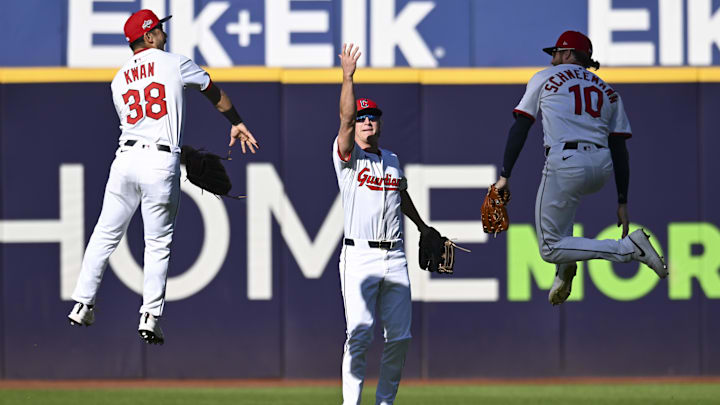 Oct 1, 2025: Cleveland Guardians outfielder Steven Kwan (38), outfielder Petey Halpin (0), and second base Daniel Schneemann (10) celebrate after winning game two of the Wildcard round for the 2025 MLB playoffs Detroit Tigers at Progressive Field. M