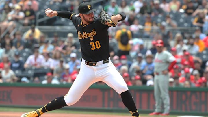 Jun 8, 2025; Pittsburgh, Pennsylvania, USA; Pittsburgh Pirates starting pitcher Paul Skenes (30) delivers a pitch against the Philadelphia Phillies during the first inning at PNC Park. Mandatory Credit: Charles LeClaire-Imagn Images