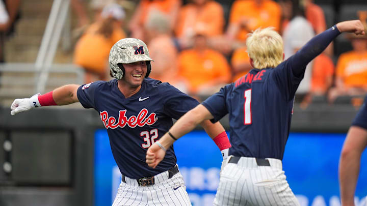Ole Miss outfielder Tristan Bissetta and Ole Miss infielder Brayden Randle (1) celebrate after Bissetta hits a grand slam in the ninth inning during a NCAA baseball game between Tennessee and Ole Miss at Lindsey Nelson Stadium on April 18, 2026.