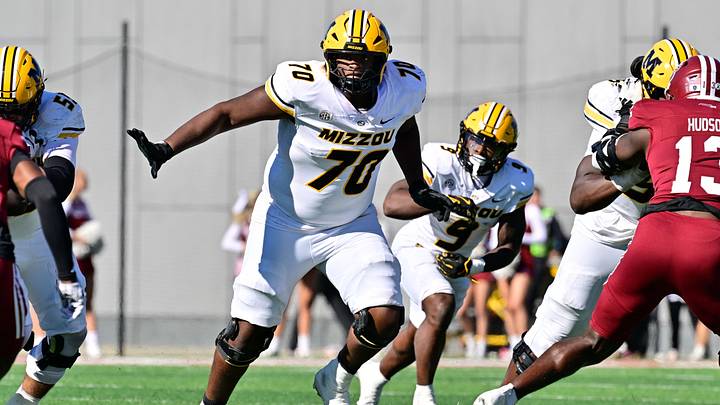 Oct 12, 2024; Amherst, Massachusetts, USA; Missouri Tigers offensive lineman Cayden Green (70) in action during the second half against the Massachusetts Minutemen at Warren McGuirk Alumni Stadium. Mandatory Credit: Eric Canha-Imagn Images